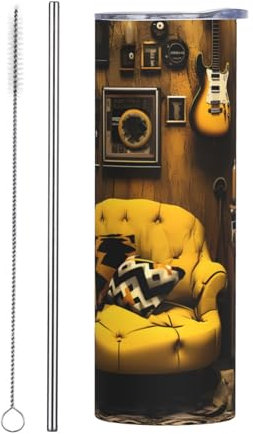 YYHHAOFA Tasse en acier de qualité jaune moutarde et noir avec couvercle de 591 ml avec paille, convient pour les cafés, les bureaux, les voitures, les maisons