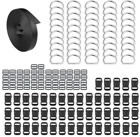 HUAZIZ 50 Stück Steckverschluss für 10 mm Gurtband, Adjustable Side Release Plastic Buckles, 50 Stück Metall D Ring Schnalle 12mm für Paracord Armbänder Hunde-Halsband Rucksacke Schwarz