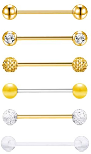 Gojewen 6er Zungenpiercing Chirurgenstahl 16mm Stablänge Piercing Zunge Tongue Schmuck 14G Verschiedene Kugeln Silber Schwarz Gold