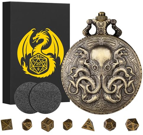 Mini DND Würfel Set, mit Steampunk Doppelaugen Oktopus Taschenuhrgehäuse, 7-teilige Polyedrische Metall D&D Würfel, DND Geschenke mit Geschenk Box, Rollenspiele-Brettspielzubehör Würfel, Bronze