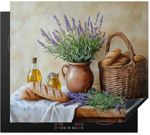 KitchenYeah© Protege Couvre Plaque De Cuisson Décoration Cuisine Tapis Protection Protecteur Induction 60x52 cm Lavande - Pain - Nature Morte