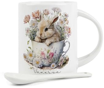 Purely Home Customisable Bunny Rabbit Mug & Spoon Set - Personalised Floral Teacup Design White Ceramic Coffee/Tea/Hot Chocolate Mug with Spoon in Handle