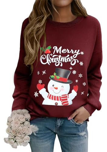 Lonya Sudadera Navideña Mujer Jersey Feo Ugly Christmas con Árbol de Navidad Manga Larga Cuello Redondo Informal y Divertida Camisetas para Fiestas