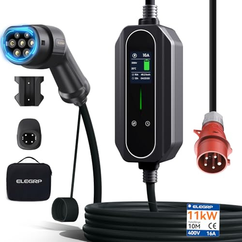 ELEGRP 11kW Mobile Wallbox mit Typ 2 Ladekabel, 3-Phasen EV Ladegerät, 6-16A Einstellbar, 10m Kabel, IP67 Wasserdicht, Mobile Ladestation IEC 62196-2 für Zuhause & Unterwegs, Plug and Play