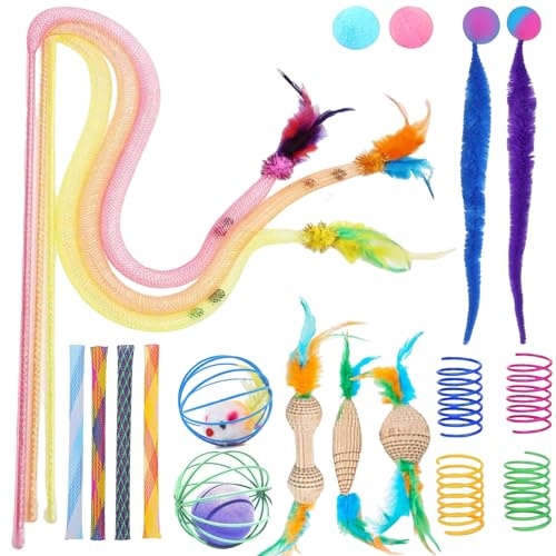 20 Piece Interactive Cat Toy Set, Cat Fishing Rod with Feathers, Tube Cat Toy, Cat Ball with Feathers, Spring Spiral, Mouse with Balls, Corrugated Cardboard Toy, Cat Toy Self-Activity