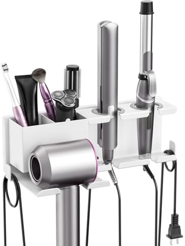 MAYZOLOP Hair Dryer Holder Wall Mounted - Hair Tool Organiser for Bathroom | 4-in-1 Blow dryer holder, curler & straightener metal organiser, mgmt, compartments, space-saver. Fits bedroom, salon, white