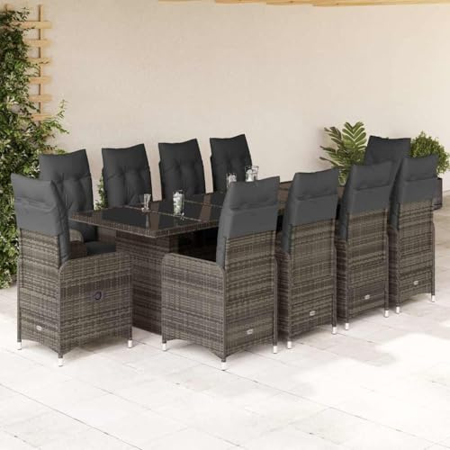 Teenpull 11-TLG. Garten-Bistro-Set, verstellbar, Grau Poly Rattan, mit Kissen, UV-beständig, 10 Relaxsessel, großer Tisch, für Terrasse, Balkon, Essbereich