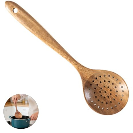 Wooden Skimmer Spoon Wood Slotted Spoon Long Handle Skimmer Cooking Spoon | ideal for Frying, Skimming, Draining Oil, Soup, Vegetables