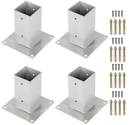 Mantigositeen 4x Pfostenträger Aufschraubhülse für 70x70mm Holzpfosten | Feuerverzinkt | Silber | Für Terrassen, Sichtschutz, Carport