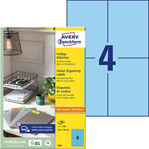 AVERY Zweckform 3457 Blaue Etiketten (400 Aufkleber, 105x148mm auf A4, permanent haftend, selbstklebende Farbetiketten, Papier matt, bedruckbare, farbige Klebeetiketten) 100 Blatt, 400 Stück
