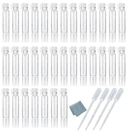 Elfensatll- 100PCS Clear 1ml 1/4 Dram Empty Glass Sample Test Tube Vials Jar with 0.5ml 10pcs Pipettes Droppers for Party Makeup Tool Essential Oils Aromatherapy Perfume Sample