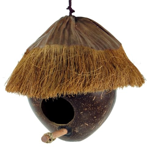 Exotisches Vogelhäuschen aus Kokosnuss, handgefertigtes Nistkästchen | Einzigartige Behausung für Vögel, natürliche Materialien, ideal für Garten und Balkon, fördert Artenvielfalt.