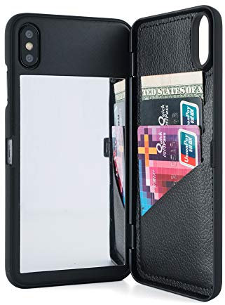 W7ETBEN iPhone Xs Max Mirror Case, iPhone Xs Max Case with Kickstand Built-in Mirror Shockproof Card Holder Wallet Cover for Apple iPhone Xs Max 6.5 Inch (Black)