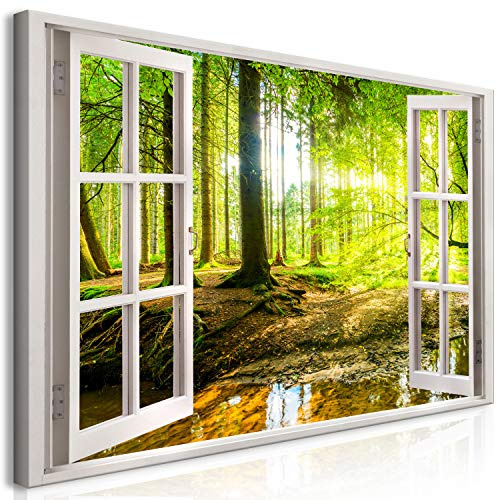 murando - Leinwandbild Fenster Wald Baum, Schlafzimmer, Wohnzimmer, modern | Hochwertige Leinwand, sofort aufhängbar, ideal fürs Wohn- oder Schlafzimmer, wasserfest und lichtecht, langlebig, stilvoll