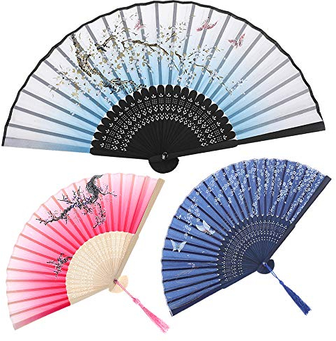 Faburo 3 Stück Handfächer Handgriff Fächer Stofffächer Wandfächer mit Schmetterling Blumen für Hochzeit Party Karneval