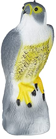 Relaxdays Vogelschreck Falke, sitzend, Stellen & Hängen, Dekofigur, Taubenschreck für Garten, Balkon, Terrasse, grau, 1 Stück