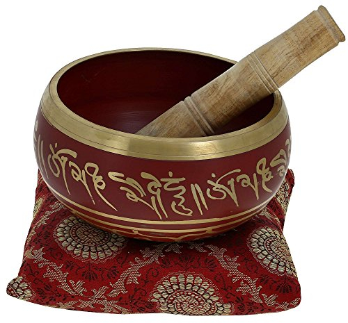 Ajuny Tibetisch Buddhistisches Klangschalen Set – Handgefertigte Meditationsschale aus Messing in Rot 4 zoll mit Stab und Kissen für Yoga, Klangchakra Heilung Achtsamkeit und Stressabbau Schale