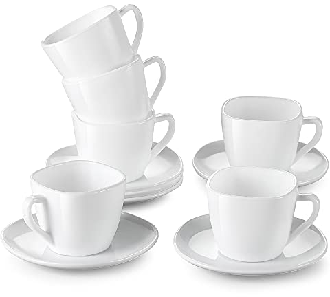 MALACASA, Serie Esmer, 12 teiligen Set Opalglas porzellanartiges Kaffeeservice Kaffeetasse Teeservice, 240ml Tassen mit 5,5 Zoll Untertassen je 6 Stück für 6 Personen Weiß
