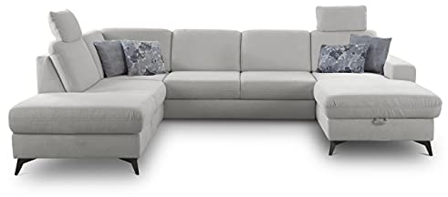 CAVADORE U-Form Lotta / Skandinavische Wohnlandschaft mit Federkern, 2 Kopfstützen, Schlaffunktion + Bettkasten / leichte Fleckentfernung dank Soft Clean / 303 x 88 x 212 / Hellgrau