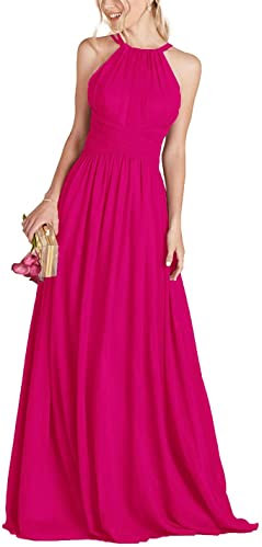 N/ C Abito da damigella d'onore da donna con scollo all'americana plissettato senza maniche una linea lunga abiti da sera formale, Fucsia, 42