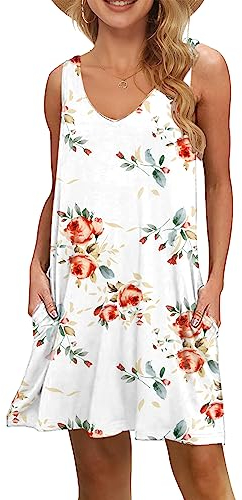 WNEEDU Damen Leichte Sommerkleid V-Ausschnit Swing Tank-Kleid Ärmellos Strandkleid Knielang mit Taschen