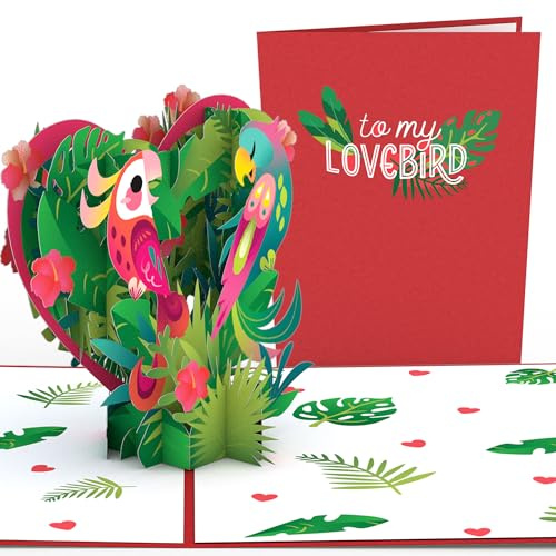 Lovepop® 3D Pop-Up Karte Tropische Liebesvögel love birds Grußkarte für Valentinstag, Jahrestag, Hochzeitstag, Geburtstag | inkl. Umschlag & Versteckfach für Geld & Gutscheine