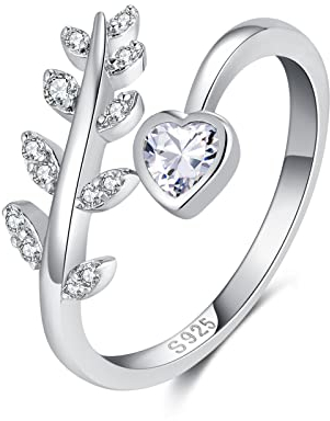 Qings Sterling Silber Verstellbarer Ring Damen Blatt Herz Geburtsstein Zirkonia Solitaire Birthstone Ring April Weiß für Frauen Mädchen