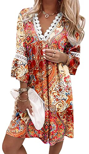SANSIWU Damen V-Ausschnitt Boho Minikleid Vintage Blumendruck Swing Kleid Lose 3/4 Ballonärmel Flowy Mini Strandkleid Ethno Casual Minikleid, B-braun, S