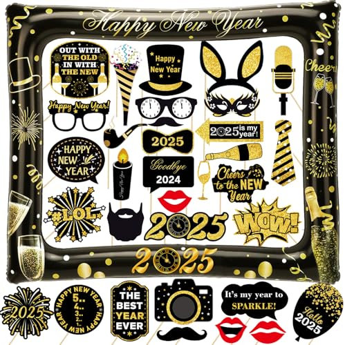 Silvester Deko 2025 aufblasbar Fotorahmen 32 STK. Foto Requisiten Neujahr Party Silvesternacht Foto Accessoires Glitzer Gold Schwarz Happy New Year 2025 Deko