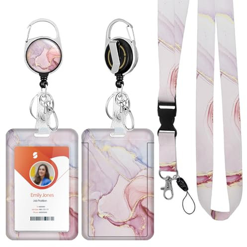 ID Badge Holder mit Lanyard, einziehbare ID Badge Card Holders Abnehmbare Hals Lanyard Strap mit Badge Reel und vertikale ID-Halter für Krankenschwester Studenten (Marble Pink)