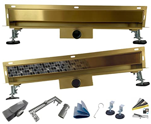 AQUA HEATING 2in1 Edelstahl-Wandablauf superflach Komplettset für Badezimmer mit Dusche, Duschrinne Ablaufgarnitur-Set für dünne Wand, Duschablauf mit Siphon Doppelseitige Rost 100 cm gold