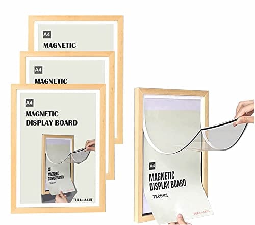 TUKA [4er] A4 Wechselrahmen Holz Natur mit Magnetverschluss, Acryl Info-Rahmen Plakatrahmen Posterrahmen, Magnetrahmen Aufklappbar, Schnelles Wechseln von Aushängen, TKD8401-A4-4X
