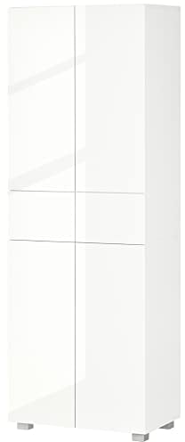 HOMCOM Armoire Cuisine Buffet de Cuisine Haut Meuble de Rangement avec 4 Portes Ouvertes par poussée, 2 tiroirs et des étagères réglables Style Moderne 60 x 35 x 170 cm Blanc laqué