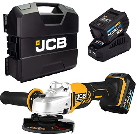 JCB 18v Cordless Angle Grinder, 2X 4.0Ah Battery, Fast Charger, 115mm Blade Diameter, 3 Position & Anti-Vibration, Tool-Free Adjustable Guard, Power Tool Case, 3 Year Warranty