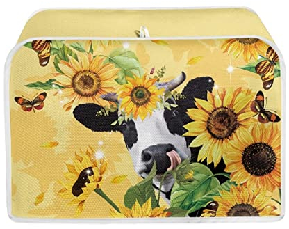 STUOARTE Cow with Sunflowers Toaster Cover, 2 Slice Wide Slot, Small Appliance Cover, Kitchen Decorative, Water Resistant, Linen Spandex Blend, Yellow