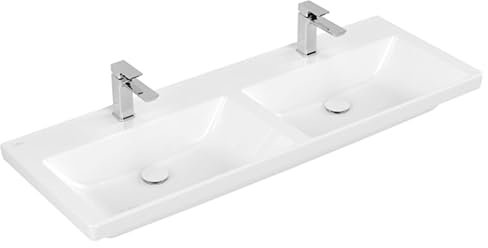 Villeroy & Boch Subway 3.0 Schrank-Doppelwaschtisch, 1300 x 470 mm, 2 Hahnlöcher, ohne Überlauf, ungeschliffen, 4A71D1, Farbe: Weiß Ceramicplus