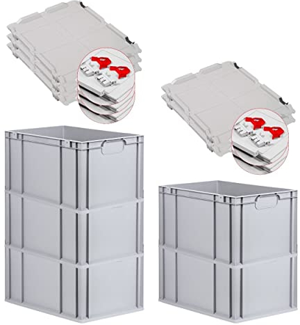 PROREGAL SuperSparSet 5x Eurobox NextGen Economy mit Scharnierdeckel & roten Verschlüssen | Griffe geschlossen | HxBxT 32x40x60cm | 65 Liter | Eurobehälter Transportbox Transportbehälter