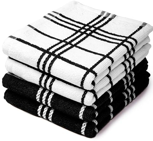Encasa Frottee-Küchentuch-Set – 60x40 cm – saugfähiges Mehrzweck-Reinigungstuch, wiederverwendbares Handtuch und Geschirrtuch (4er-Pack – Schwarzer Frottee)