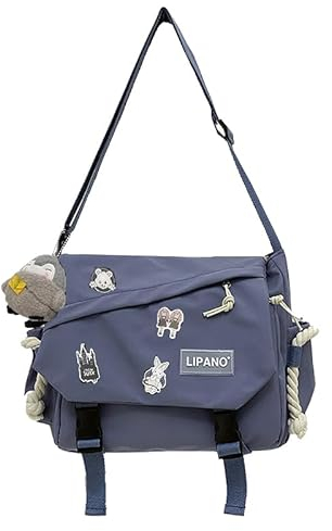 Inshere Aesthetic Crossbody Bag with Cute Pins and Ornament, Nylon Y2K Messenger Bag Japanese Kawaii Bag for Women Men Blue