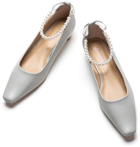 C.Paravano Grau Klobige Niedrige Ferse Quadratische Zehe Pumpen Slip-on Geschlossene Zehe Niedrige Ferse Perlen Knöchel Riemen Pumpen Hochzeit Schuhe für Braut Dirndl Schuhe Damen(40,Grau)