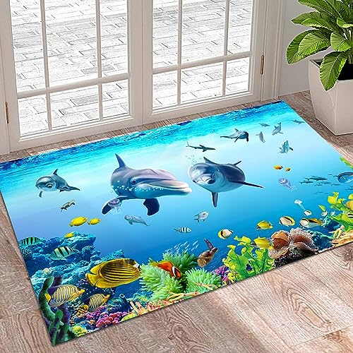 TEMLAN Ozean Welt Teppiche Gegend, Haikoralle Kinderteppich für Drinnen und Draußen Terrasse Balkon Garten Wohnzimmer 80 x 150cm