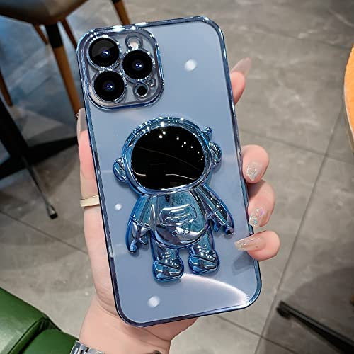 NICRX Luxury Astronaut Electroplated Case For iPhone 11 12 13 14 Pro Max XS X XR 7 8 Plus SE 2020 22 Mini Transparent Kickstand Cover,Sky Blue,For iPhone 11Pro Max