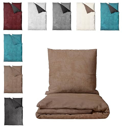 one-home Winter Bettwäsche Unifarben Teddy Plüsch Cashmere Touch Nicki Coral Fleece Flauschig Kuschelig Warm Weich, Farbe:Uni Taupe, Größe:2 teilig 155x220 cm