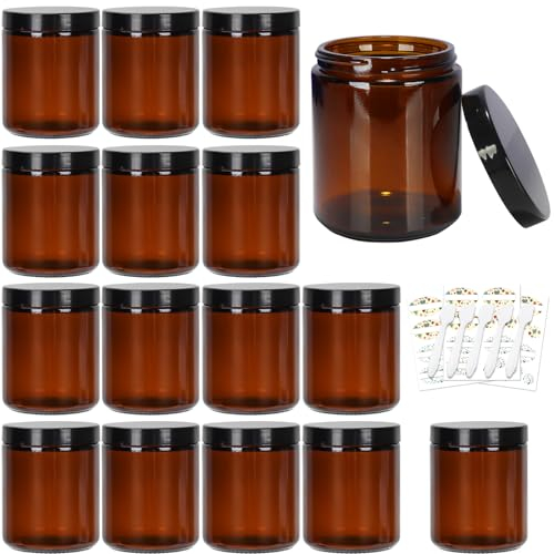 8 oz Amber Glass Jars with Plastic Lids - 15 Pack 240ml Round Empty Containers, Jars, Canning Jar for Candle Making, Spice, Food Storage, Sample