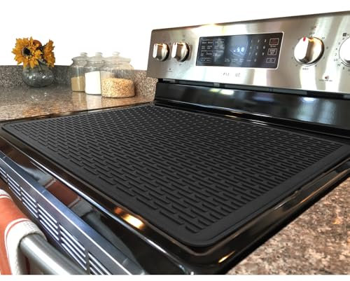 Yuhfera Glass Stove Top Cover - 30 x 21 Black Ceramic Stove Top Protector, Extra Large Glass Cooktop Cover, Flat RV Range Stovetop Protector, XL Silicone Dish Drying Mat for Kitchen