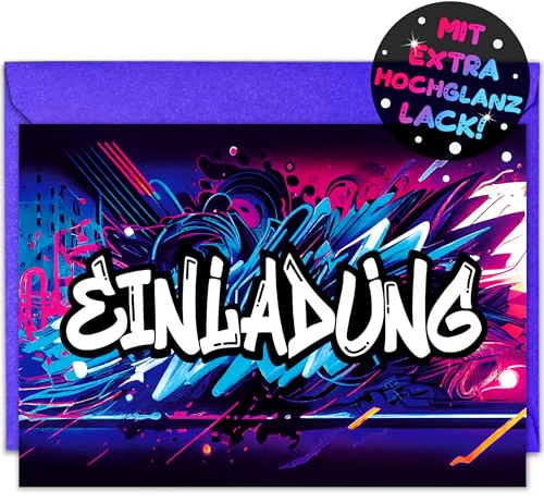 VULAVA 12x Graffiti EINLADUNGSKARTEN KINDERGEBURTSTAG Junge Mädchen + 12x Umschläge - die Graffiti PARTY Karten sind die perfekte Graffiti EINLADUNG für Jungen Mädchen Kinder GEBURTSTAG KINDERPARTY