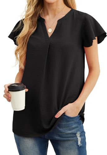 IWOLLENCE Ladies Black Tops Womens Evening Tops Size 14 UK Smart Short Sleeve Blouses V Neck