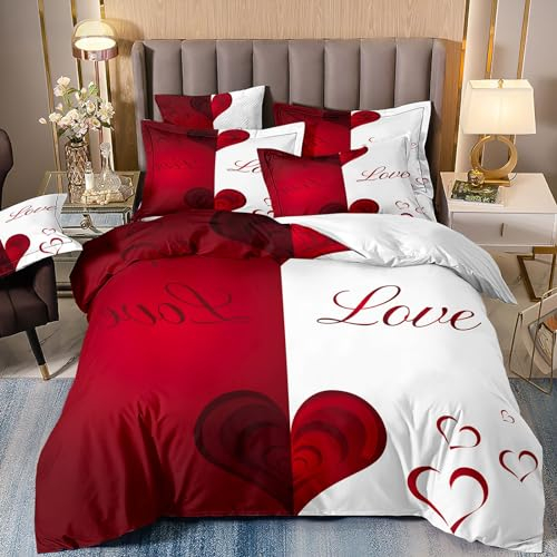 Freyamy Partner Bettwäsche 200x200cm 3teilig Rot Weiß 3D Herz Bettwäsche für Paare 100% Mikrofaser Pärchen Bettwaren-Sets Liebe Liebhaber Bettbezug mit Reißverschluss und 2 Kissenbezug 80x80cm