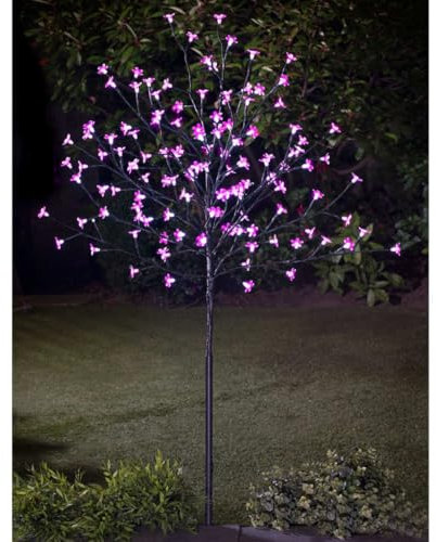 BONAFIDE 4ft Solar Powered Blossom Tree With 128 LED Lights, Outdoor Decorations for Garden, Cherry Blossom Tree with pegs, Indoor Outdoor Bright Festive Decor