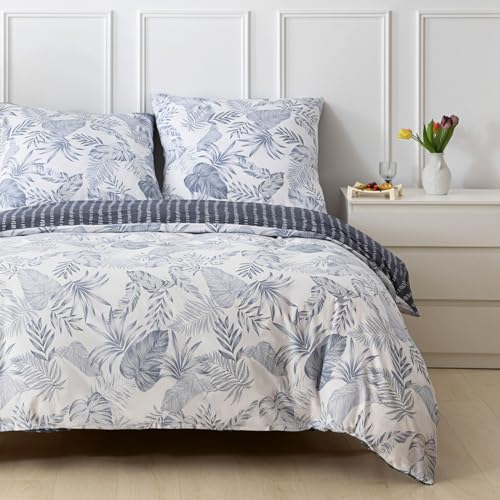 Tokokimo Bettwäsche 200x200 Baumwolle - Bettwäsche-Sets 3 Teilig mit Reißverschluss - Blau Palmwedel Tropische Pflanze Muster - Bettbezug 200X200 cm mit 2 Reißverschluss-Kissenbezug 80x80 cm